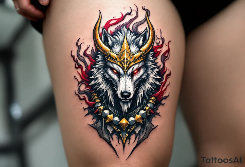 Radegast – Picture of a full body warrior god with a wolf head, wearing a golden horned helmet, his armor shimmering in silver-gray, with blood-red eyes and smoke behind. tattoo idea