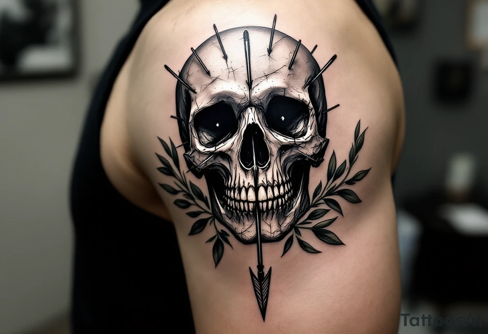 a skull whose head would be pierced by needles that under the face come down a long arrow and surrounded by a olive tree leaf around tattoo idea