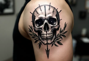 a skull whose head would be pierced by needles that under the face come down a long arrow and surrounded by a olive tree leaf around tattoo idea