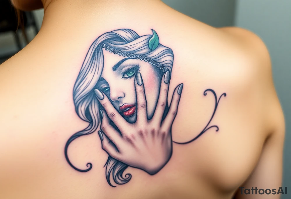 Mosaic style woman’s face with a hand around her throat tattoo idea