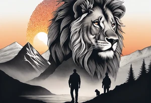 a father and son in the mountains with  a waterfall and cross in the background and a sunset designed into the shape of a lion head tattoo idea