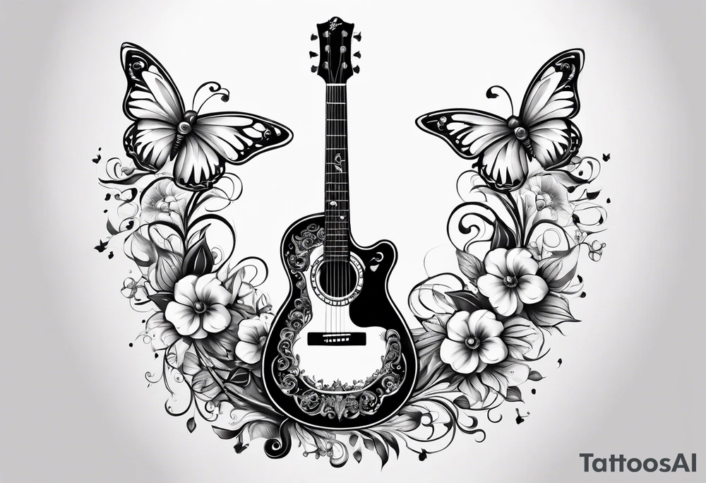 Guitar in shape of treble clef with flowers growing off the side, butterflies, small tattoo idea