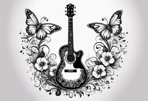 Guitar in shape of treble clef with flowers growing off the side, butterflies, small tattoo idea