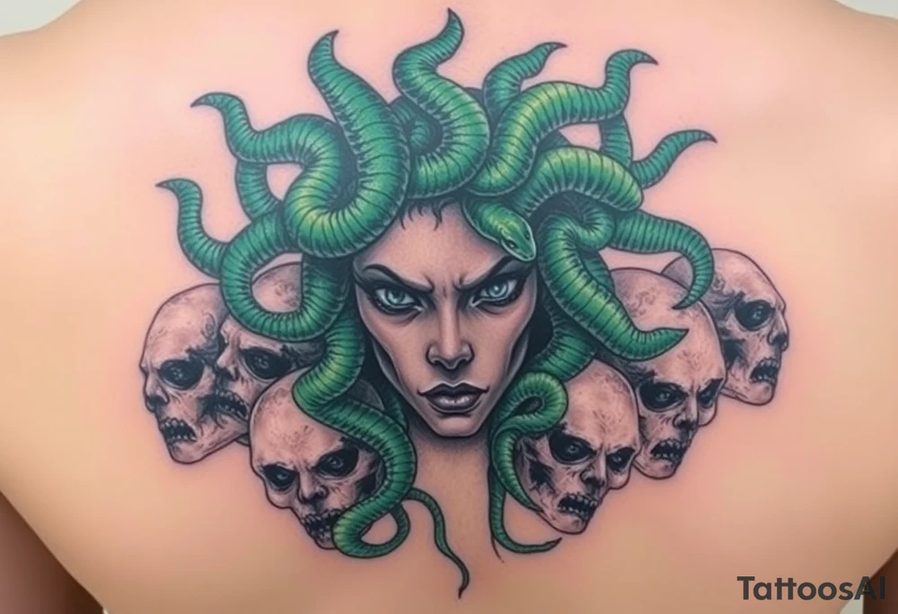 A detailed Medusa portrait with emerald-green serpents, her gaze hypnotic, surrounded by shattered stone faces of her victims tattoo idea