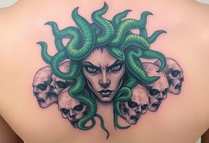 A detailed Medusa portrait with emerald-green serpents, her gaze hypnotic, surrounded by shattered stone faces of her victims tattoo idea