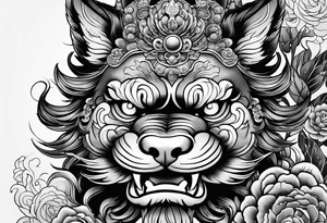 foo dog, powerful, with three eyes, coins around him tattoo idea