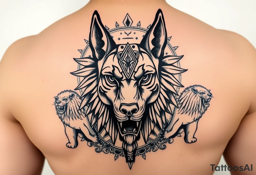 Egyptian Anubis god face muscle in Egypt style dog face surrounded Egyptian symbols and lions tattoo idea