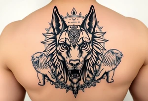 Egyptian Anubis god face muscle in Egypt style dog face surrounded Egyptian symbols and lions tattoo idea