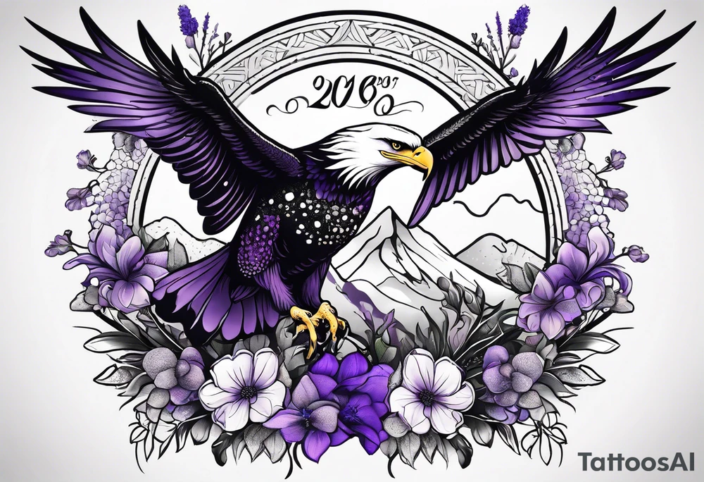 Eagle bird
, with spotted eagle-stingray and lavender flowers eith the year 1978-2022 tattoo idea