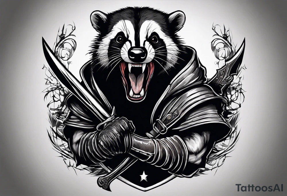 Draw me psychopath Badger/Gladiator with aggressive full body, killer face with a scary smile, very long nails and he attacks like a Bloody Assassin to us and also, he has very deadly looking. He fights with his nails. Everybody scares after their first sight. Give me horror type Badger Tattoo. I want to see his Realistic full body. tattoo idea