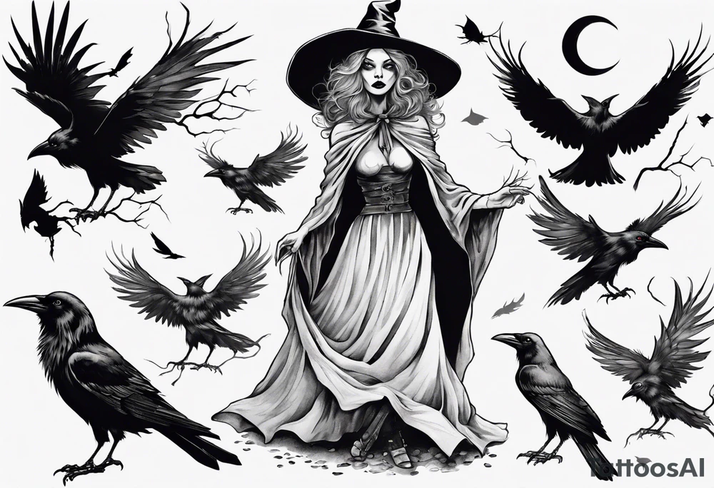 a witch with crows in black and white tattoo idea