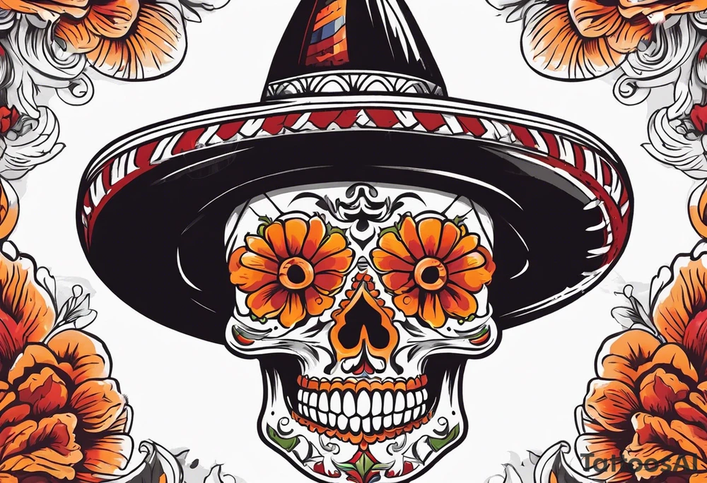 Mexican skull with sombrero with smoke coming out of the bottom orange and red tattoo idea