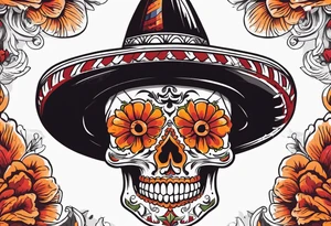 Mexican skull with sombrero with smoke coming out of the bottom orange and red tattoo idea