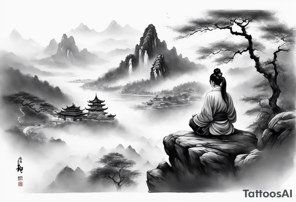 forearm sleeve traditional chinese art painting style autumn mountains mist fog water Chinese temple female with pony tail wearing robes seated meditating far off in the distance tattoo idea
