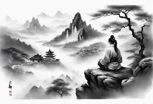 forearm sleeve traditional chinese art painting style autumn mountains mist fog water Chinese temple female with pony tail wearing robes seated meditating far off in the distance tattoo idea