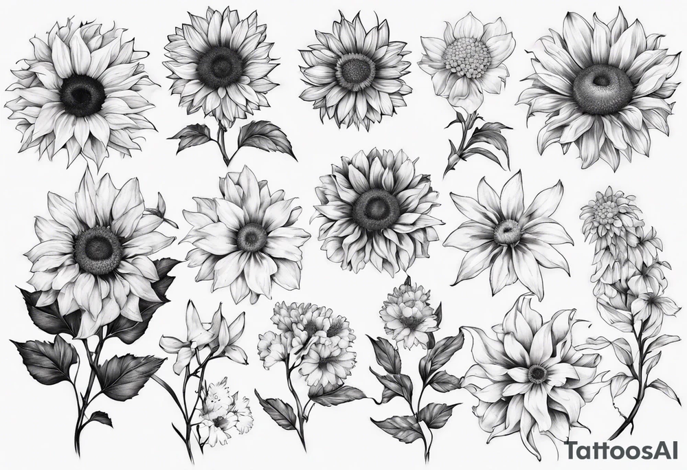 masculine tattoo blackwork
Sunflower, Chrysanthemum, gladiolus, Forget-me-not, Sakura tattoo idea