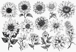 masculine tattoo blackwork
Sunflower, Chrysanthemum, gladiolus, Forget-me-not, Sakura tattoo idea
