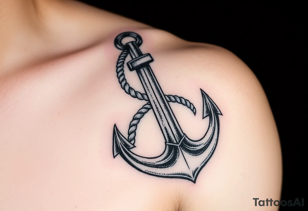 weathered anchor wrapped in nautical rope with sea waves tattoo idea
