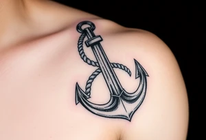 weathered anchor wrapped in nautical rope with sea waves tattoo idea