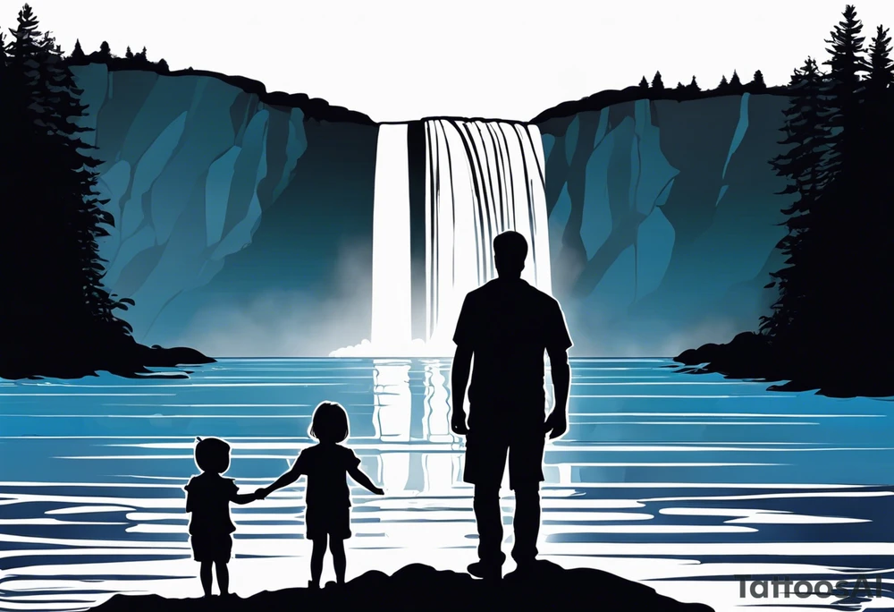 Silhouette of father standing in between daughter and younger son in front of water with reflection and waterfall with the waterfall only being blue. Everything else black and white. 6 year old daughter on one side and 2 year old son on the other side of the father tattoo idea
