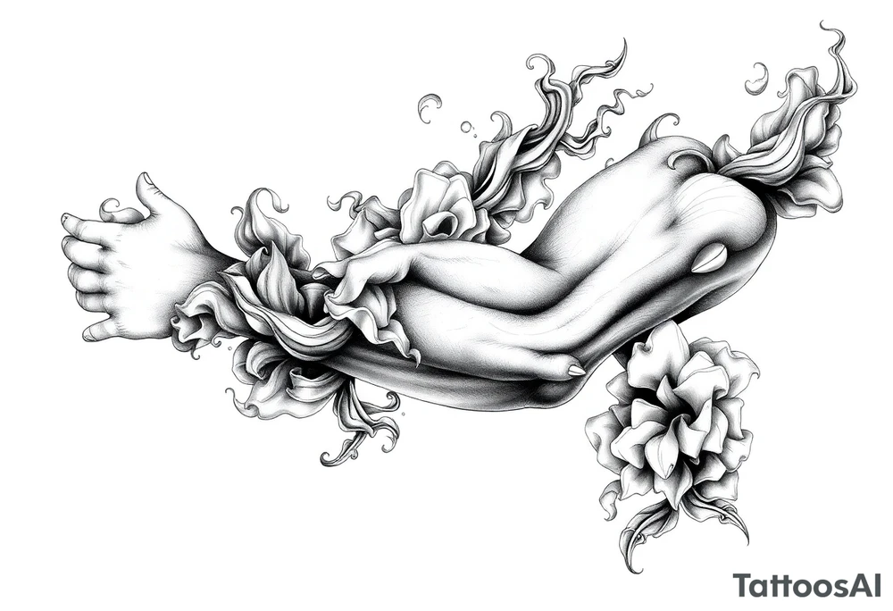 Tattoo sleeve filler using smoke, ash, and fragmented memory effects, organic flow wrapping around arm muscles, soft gradients, negative space, black and grey realism, seamless transitions between main tattoo elements. tattoo idea