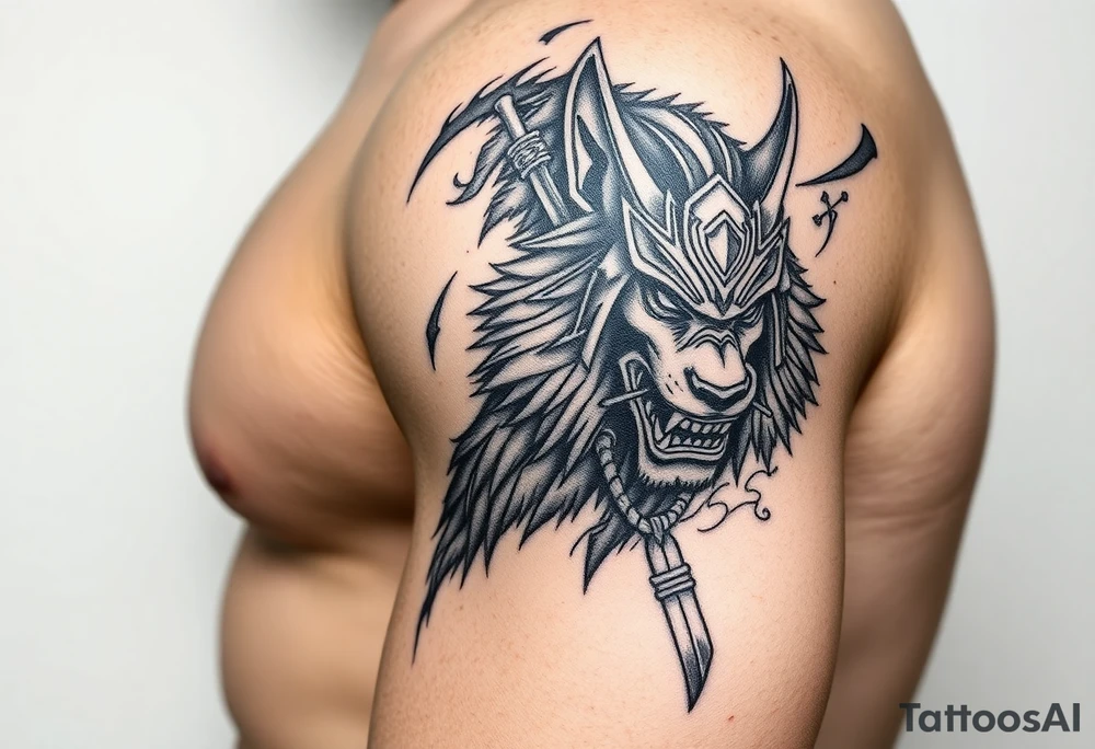 Hyper realistic Wolf, Samurai tattoo idea