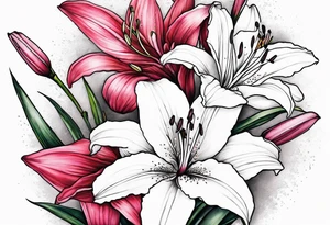 Lily, gladioli, cherry blossom, forget me nots tattoo idea