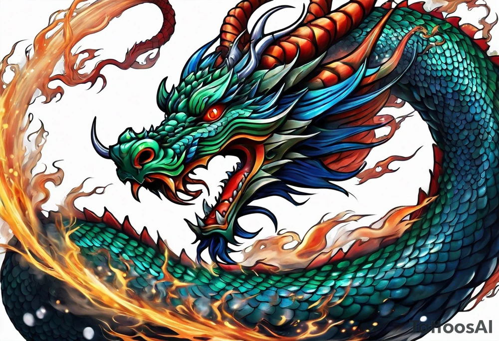 An epic floating asian dragon. Its long body coiling dynamically, with scales and horns detailed to create a sense of movement and strength. The dragon's color is giving a vibrant depth and a mystical aura. This tattoo highlights the dragon’s fierce expression and sharp claws. tattoo idea