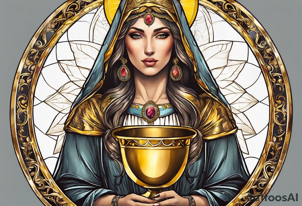 holy saint woman with golden halo holding a chalice tattoo idea