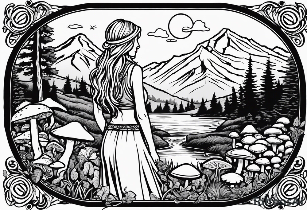 Whole picture encircled fully

Straight long blonde hair hippie girl in distance holding mushrooms in hand facing away toward mountains and creek surrounded by mushrooms long sleeve shirt and hiking pants; whole rendering within a full celtic circle border, no cut off circle tattoo idea