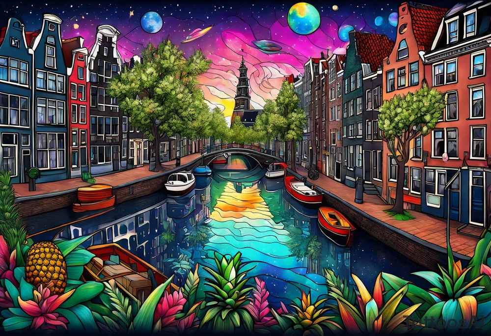 Animals featuring animals and featuring colours of the universe and galaxies and pineapples in amsterdam city featuring Amsterdam buildings and canal made of glass tattoo idea