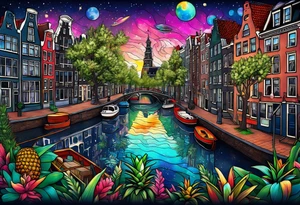 Animals featuring animals and featuring colours of the universe and galaxies and pineapples in amsterdam city featuring Amsterdam buildings and canal made of glass tattoo idea