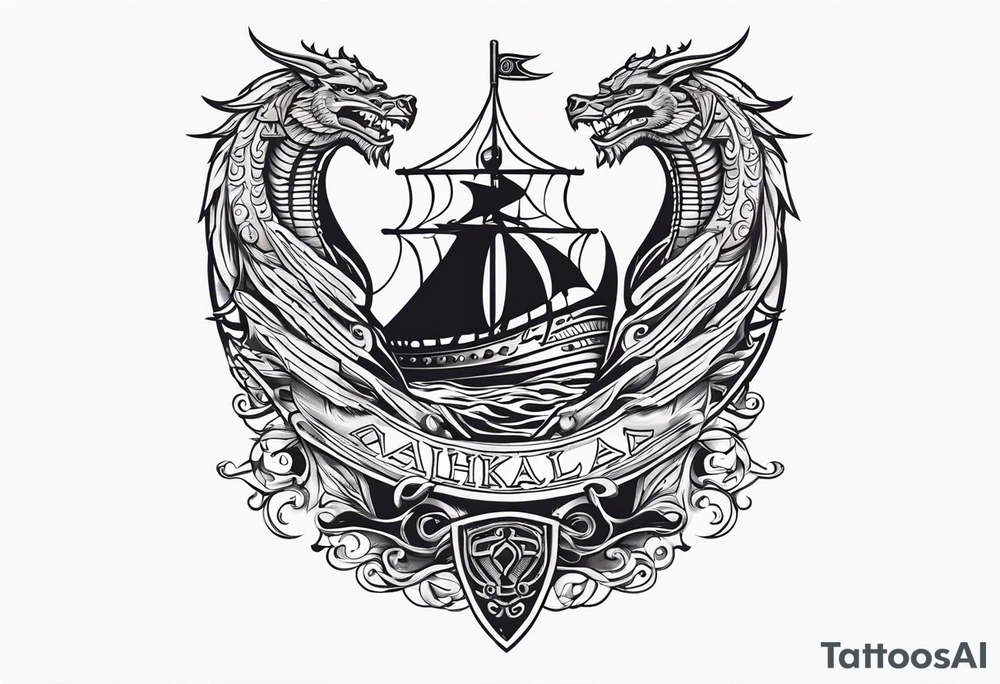Valhalla sword shield viking ship dragon head tattoo idea