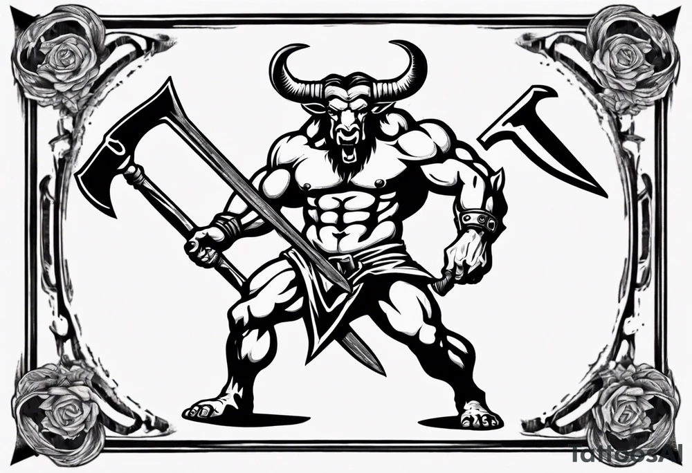 thigh tattoo of a minotaur with a double-edged axe tattoo idea