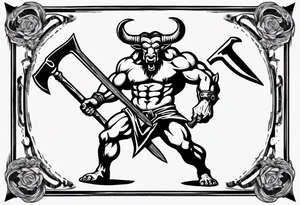 thigh tattoo of a minotaur with a double-edged axe tattoo idea