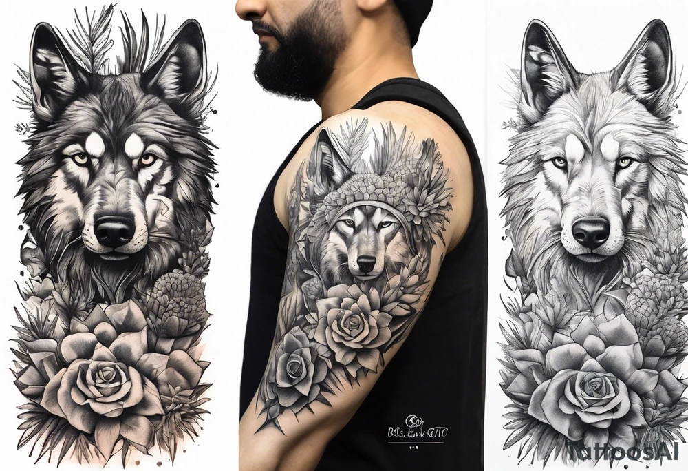 Lobo ,  cactos e árvore da vida por do sol braço parte de cima tattoo idea