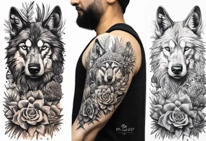 Lobo ,  cactos e árvore da vida por do sol braço parte de cima tattoo idea