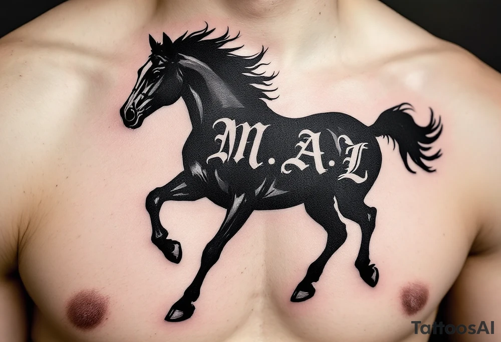 horse silhouette 
from the front which gallops from the front, with the 3 small letters discreetly integrated: M, A, L tattoo idea