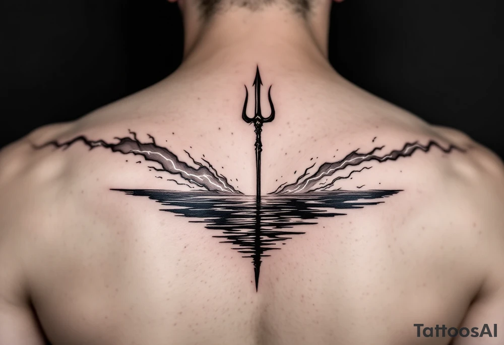 neptune with trident half way in calm water with lightning tattoo idea