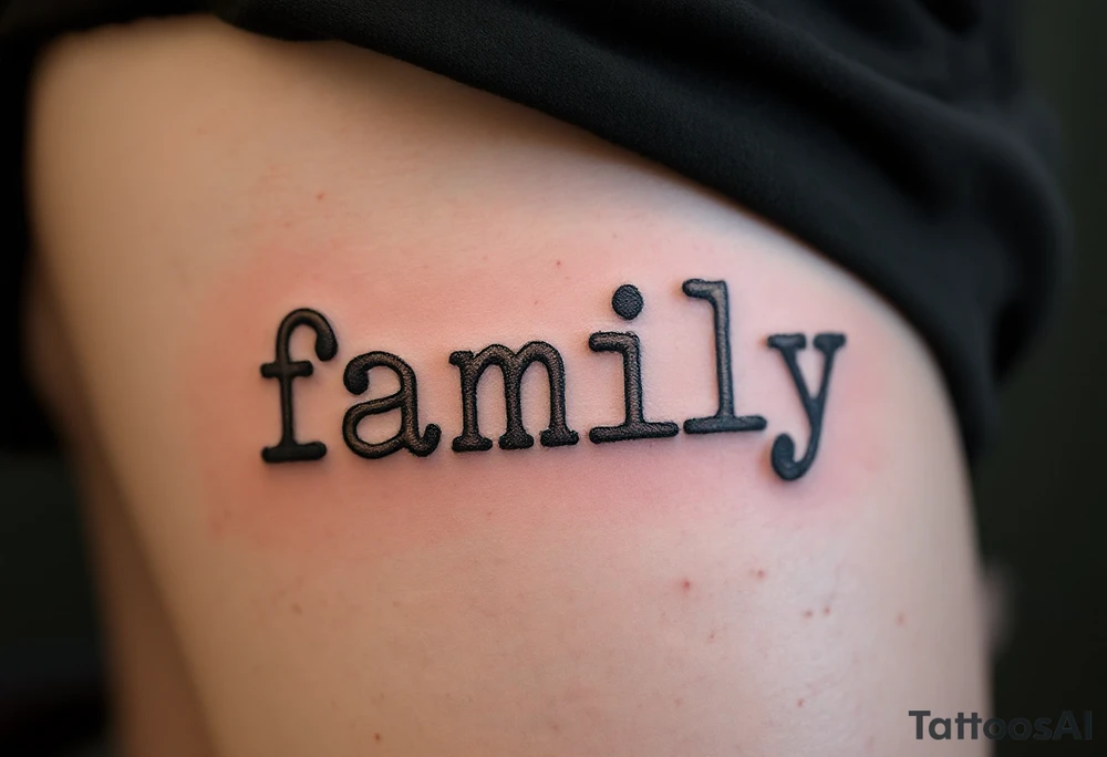 Vintage Typewriter Family Tattoo – The word "family" in vintage typewriter font, with light brown and cream shading to give an old-school, timeless feel. tattoo idea