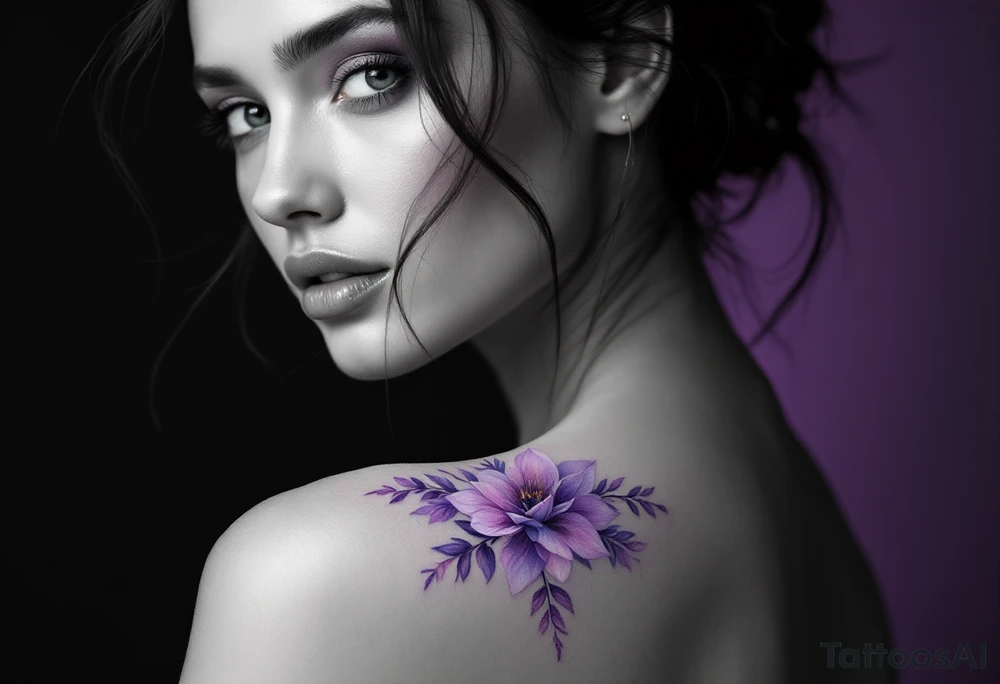 Glamour shot in black and white with a soft purple gradient behind her head. tattoo idea