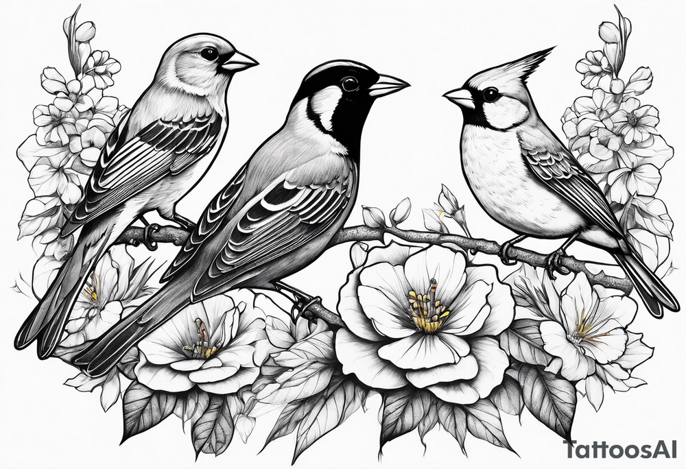 A flower garden with three birds one red cardinal one red breasted hummingbird and one yellow finch tattoo idea