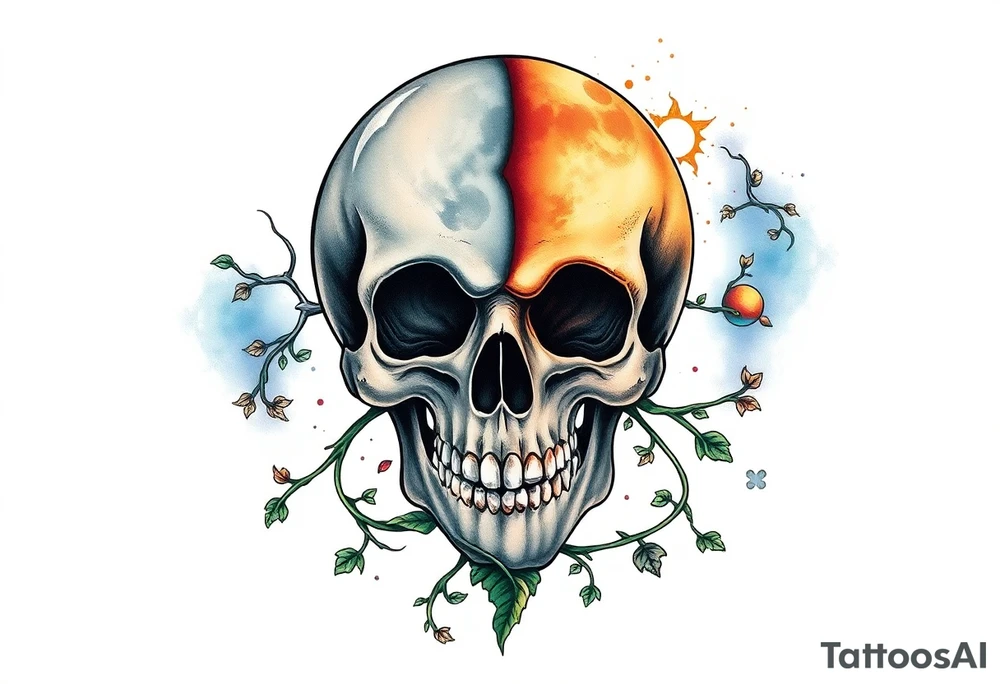 gothic skull as the moon and life as the sun. intertwined with climbing  vines as space dust connecting planets and galaxy in background of skull tattoo idea