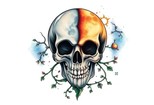 gothic skull as the moon and life as the sun. intertwined with climbing  vines as space dust connecting planets and galaxy in background of skull tattoo idea