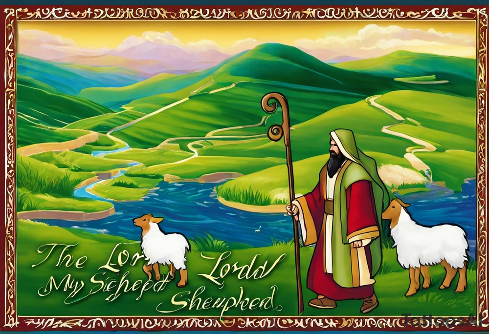 a scroll with the “ The Lord is my shepherd; I shall not want.

2 He maketh me to lie down in green pastures: he leadeth me beside the still waters.

3 He restoreth my soul: he leadeth me in the paths of righteousness for his name's sake.

4 Yea, though I walk through the valley of the shadow of death, I will fear no evil: for thou art with me; thy rod and thy staff they comfort me.

5 Thou preparest a table before me in the presence of mine enemies: thou anointest my head with oil; my cup runneth over.

6 Surely goodness and mercy shall follow me all the days of my life: and I will dwell in the house of the Lord for ever.” inside and a halo on tip tattoo idea