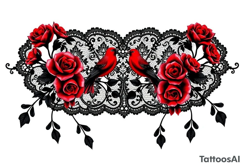 Vintage black lace, red roses, red birds, vintage, wrap around, tighter together, no space open tattoo idea