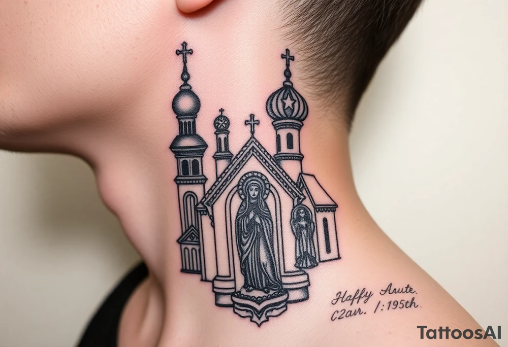 medium traditional russian orthodox church with russian coat arms and virgin mary on the side of your neck tattoo idea