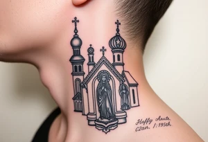 medium traditional russian orthodox church with russian coat arms and virgin mary on the side of your neck tattoo idea