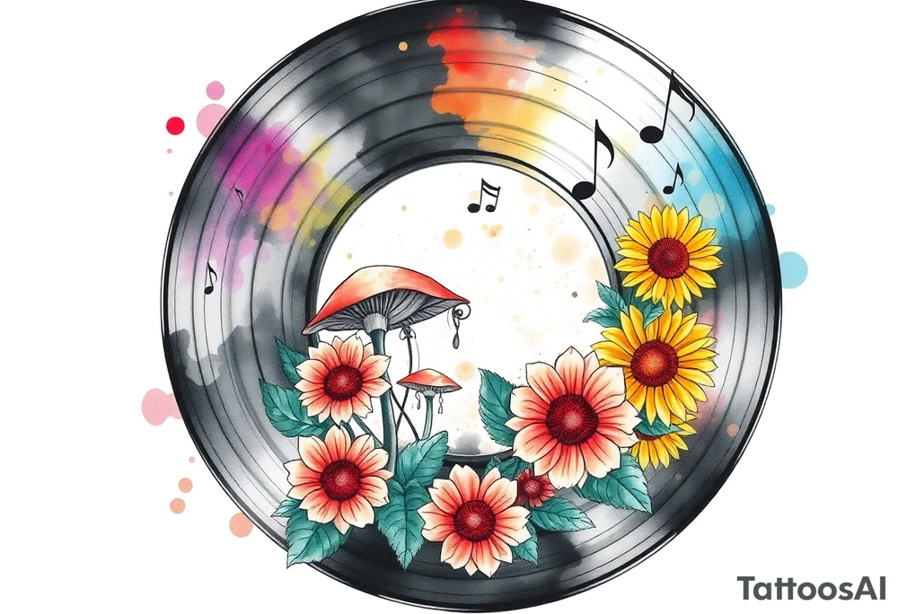 vinyl record with mushrooms, sunflowers, and music notes tattoo idea