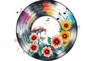 vinyl record with mushrooms, sunflowers, and music notes tattoo idea